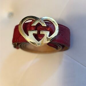 Gucci Red Monogram Leather Gold Heart Buckle Belt Size 95/38